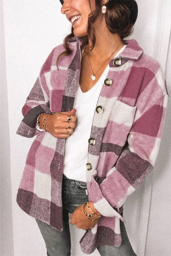 Lapel Casual Tartan Boucle Shirt Outerwear