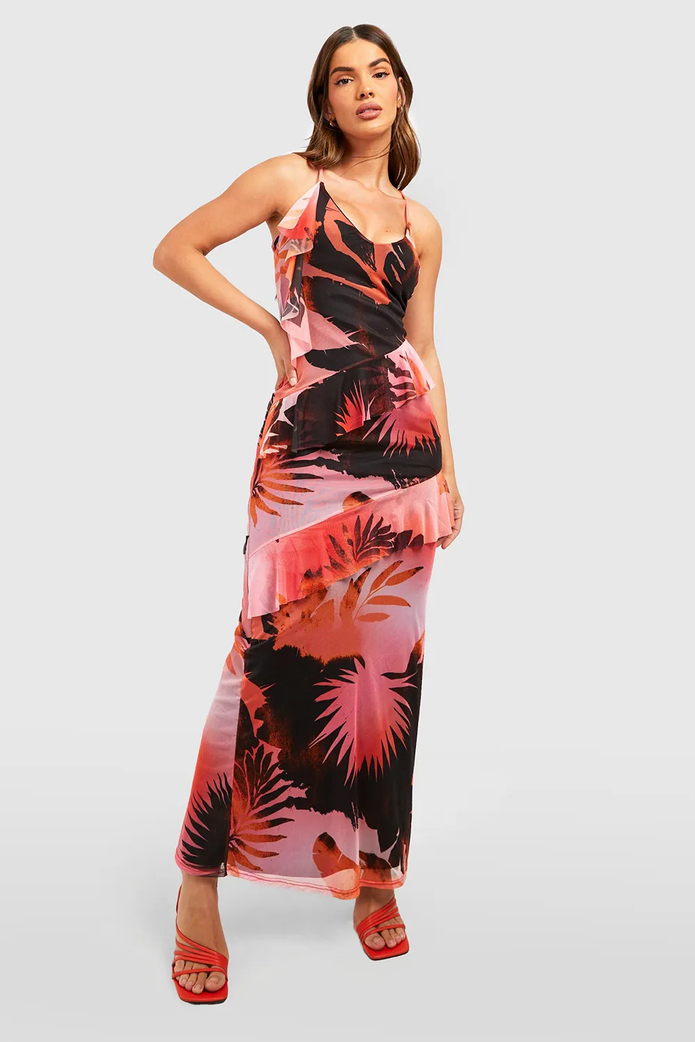 Spring/Summer ABSTRACT PALM PRINT RUFFLE MESH MAXI DRESS
