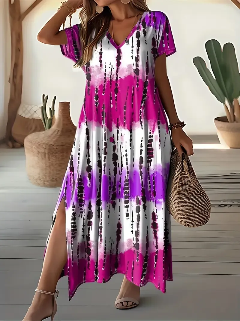 Plus Size Tie Dye Split Dress - Casual Short Sleeve V Neck Dress For Spring & Summer - Women's Plus Size Clothing - For Women Seeking Trendy & Comfortable Summer Outfits - Perfect Gift for Birthday & Vacation