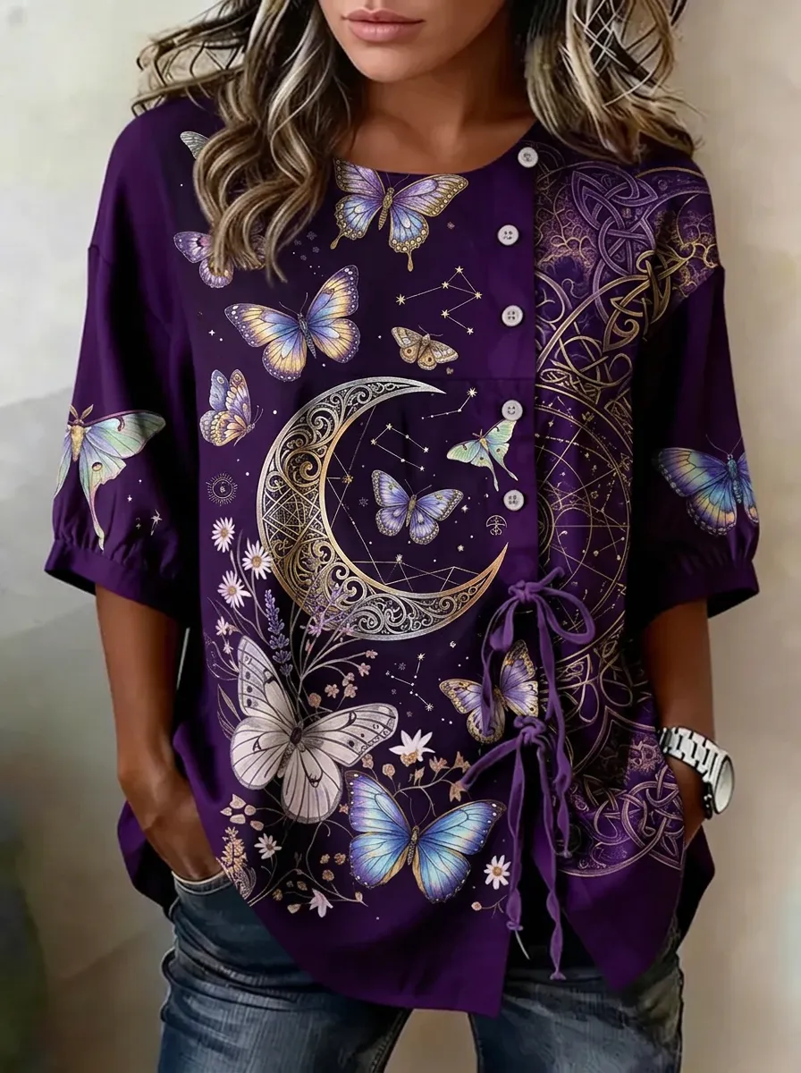 Women's Nashville Celestial Butterfly Moon Printed Button-Up Top