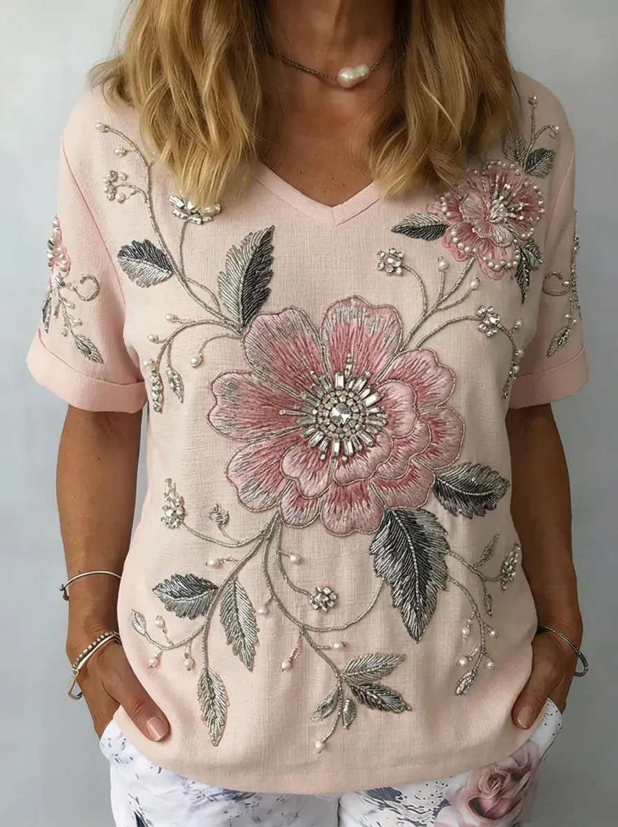 Women's Nashville Floral Rhinestone Beaded Embroidered V-neck T-shirt