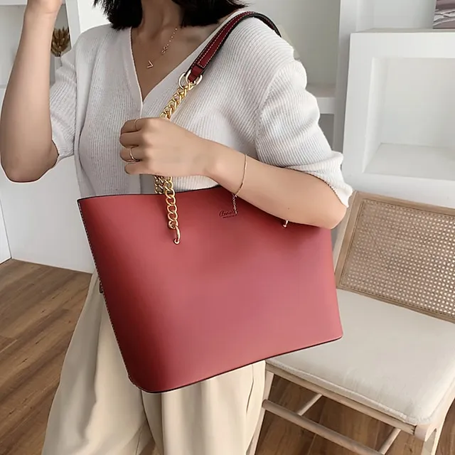 Women's Shoulder Bag Tote Crossbody Bag Leather PU Leather Outdoor Office Daily Chain Solid Color Black White Red