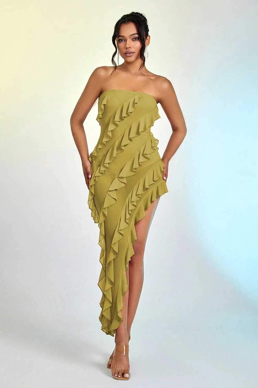 Ruffle Trim Asymmetrical Hem Mesh Tube Dress