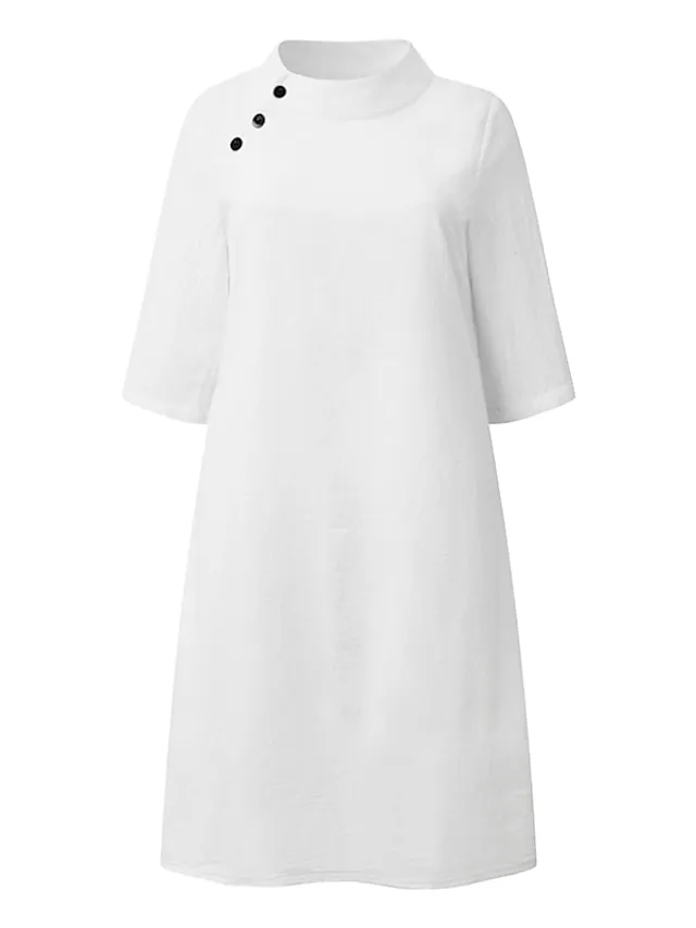 Women‘s Cotton Linen Dress Shirt Dress Casual Dress Shift Dress Midi Dress Cotton Blend Fashion Basic Outdoor Daily Vacation Stand Collar Button Half Sleeve Summer Spring 2023 Black White Blue Plain