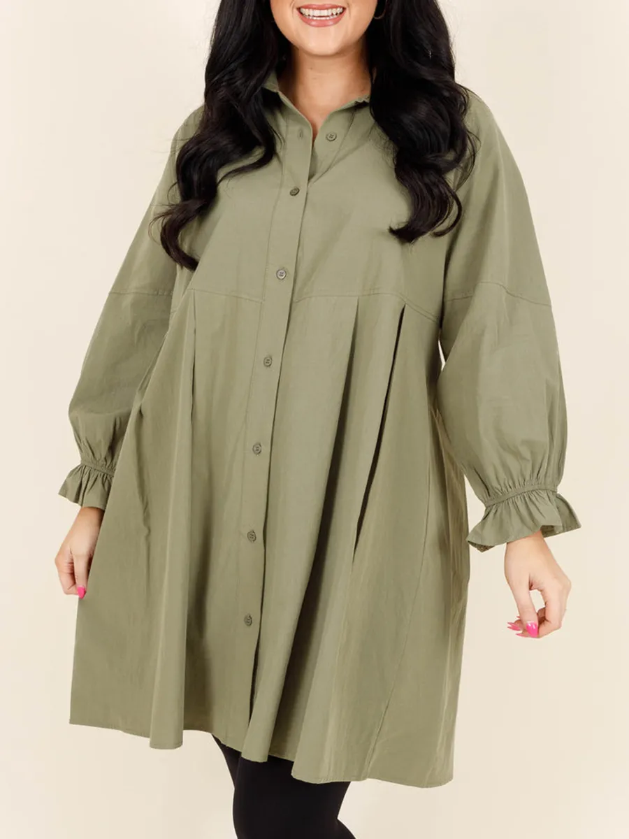 五个分类-Green pleated button loose fitting shirt