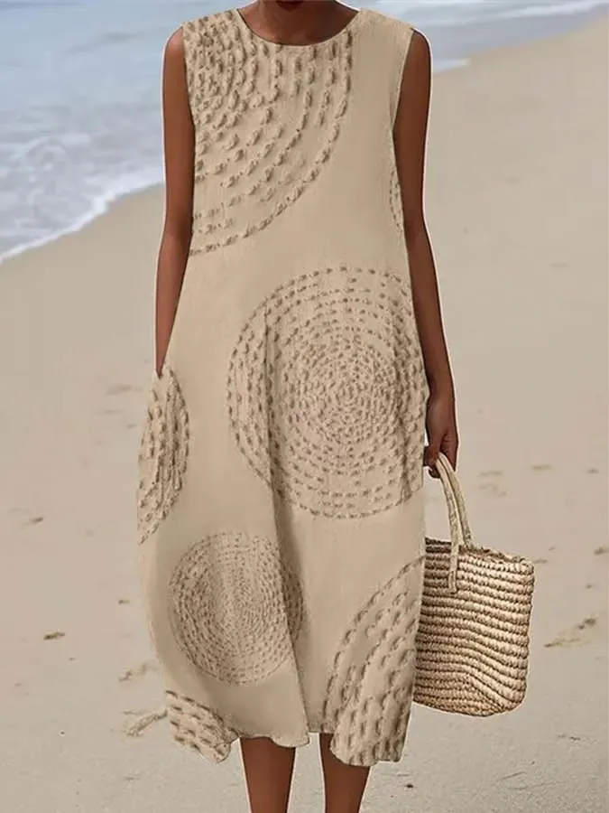 Women'S Round Neck Sleeveless Color-Block Printed Dress