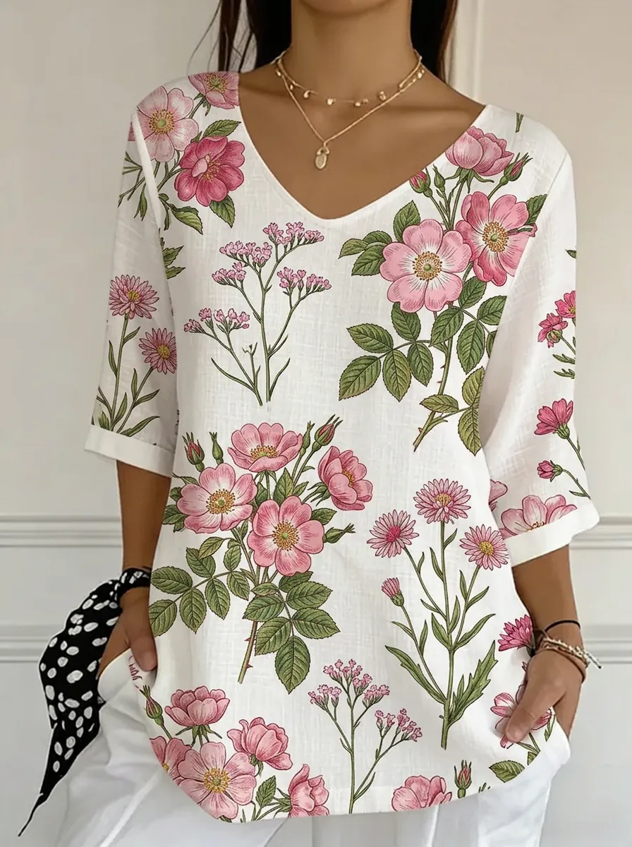 Women's Nashville Floral Botanical Printed V-neck Top