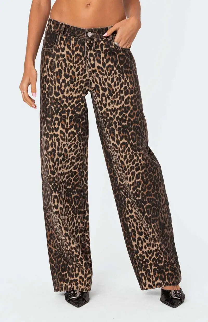 Edikted Leopard Printed Low Rise Jeans