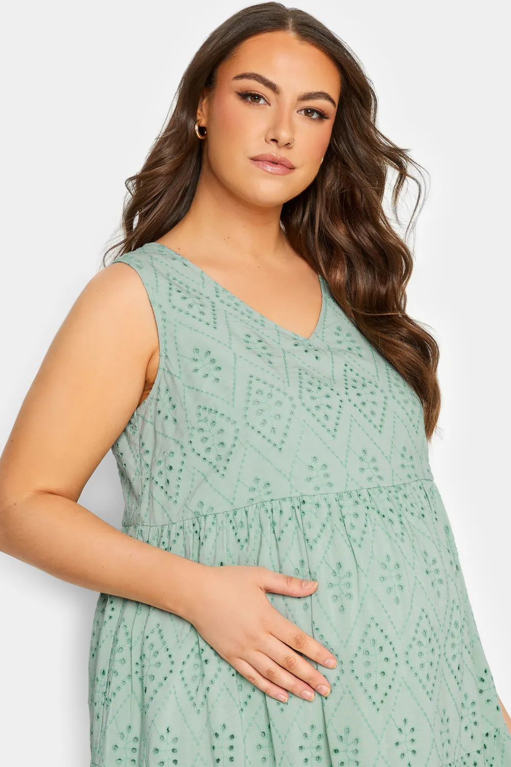 BUMP IT UP MATERNITY Curve Sage Green Broderie Anglaise Tiered Midi Dress