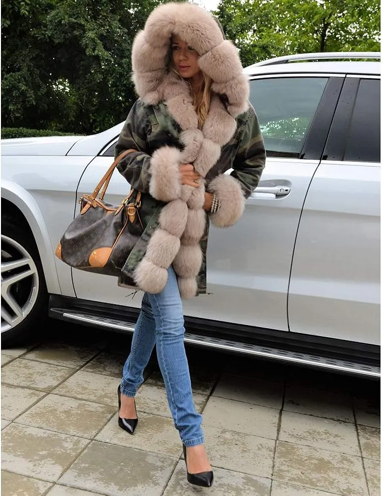 Womens Hooded Camouflage Warm Winter Coats Faux Fur Jacket Parka Overcoat