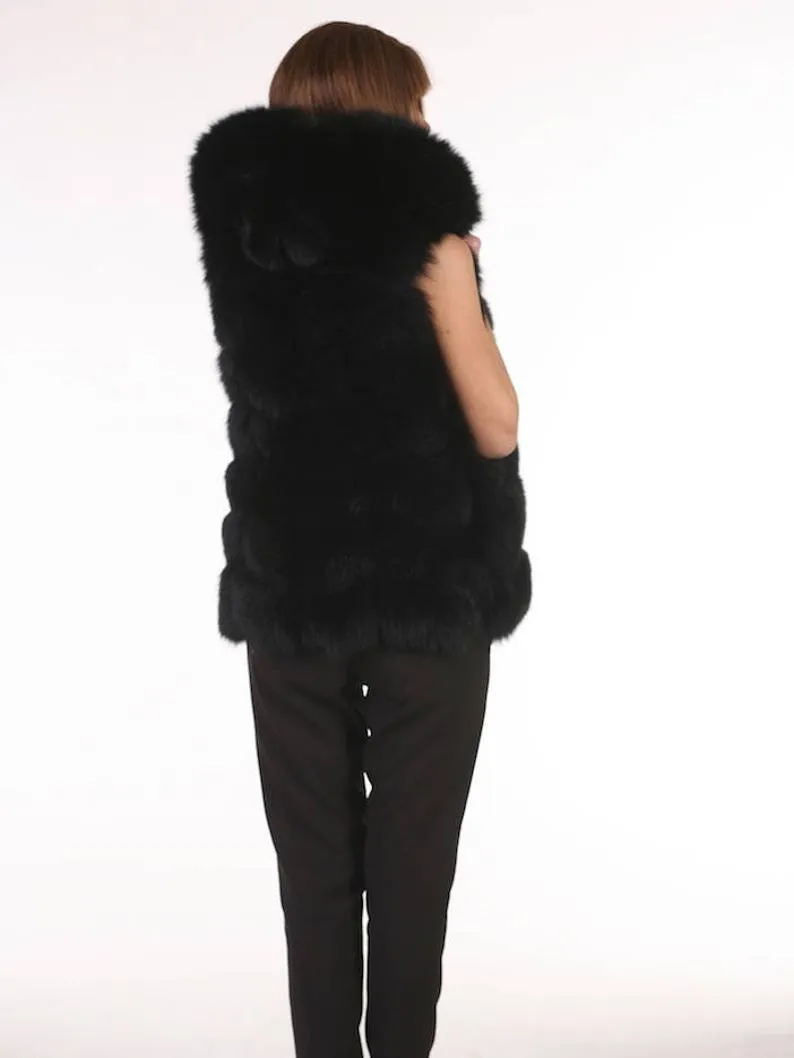 Black  Fox Fur vest hooded Women’s