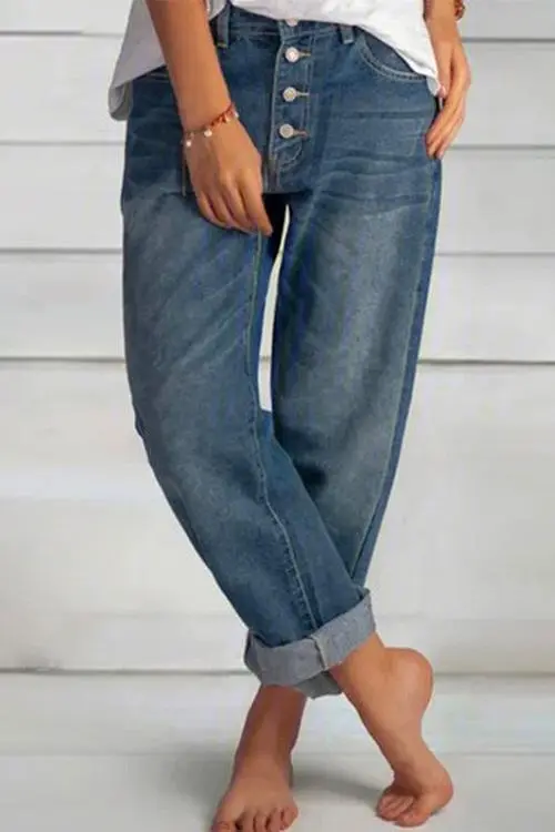 Loose Buttons Pockets Mid Waist Polyester Jeans Pants