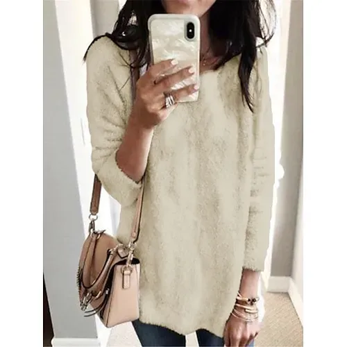 Women's Pullover Sweater Jumper Stylish Casual Soft Solid Color Fuzzy Crew Neck Oversized Long Sleeve Long Tops Knit Outdoor Daily Going out Lake blue ArmyGreen Fall Winter