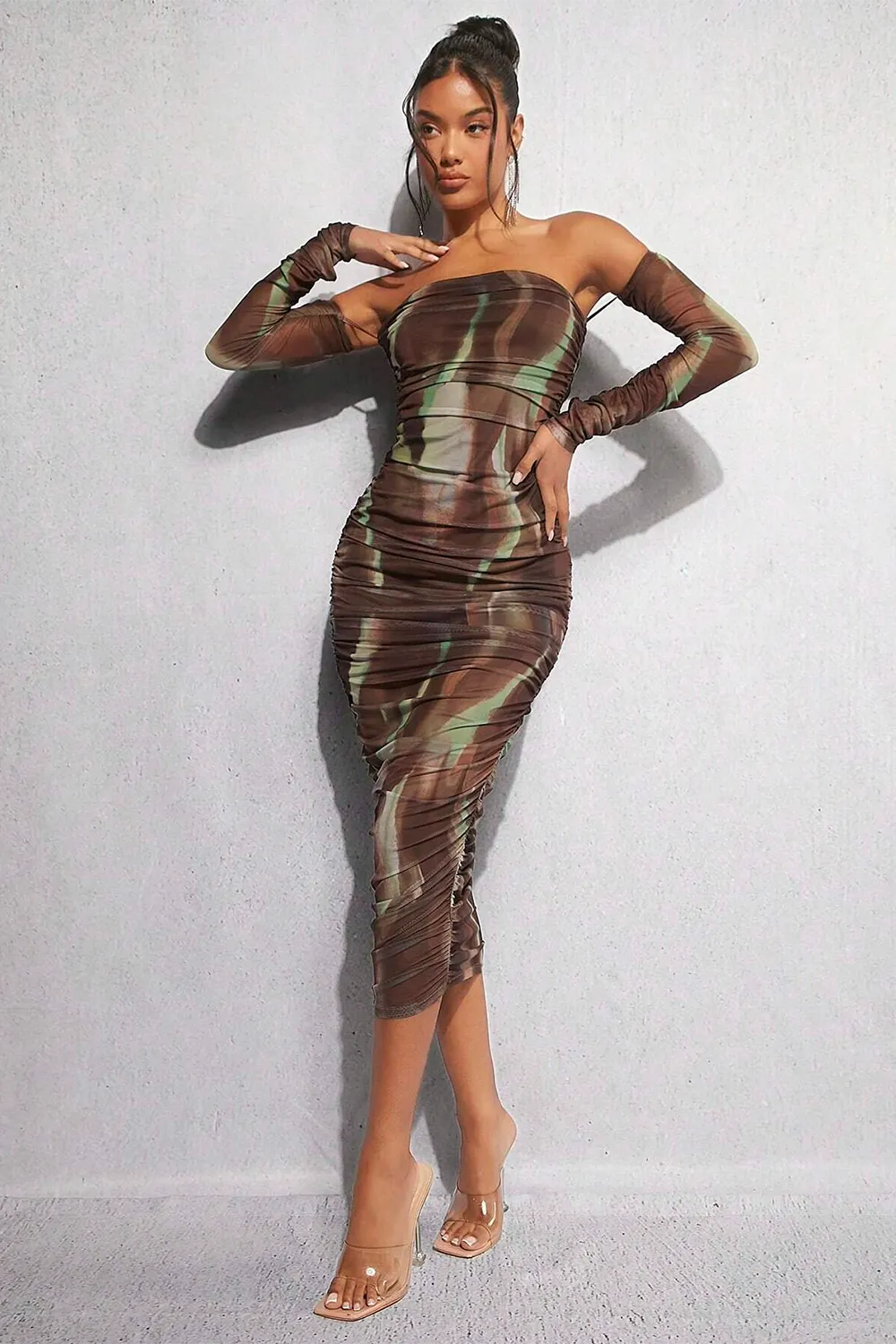 BAE Tie Dye Off Shoulder Ruched Side Bodycon Dress