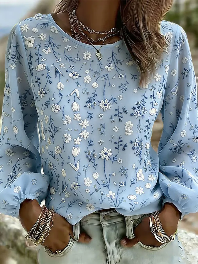 Women'S Floral Art Printed Casual Long Sleeved Shirt
