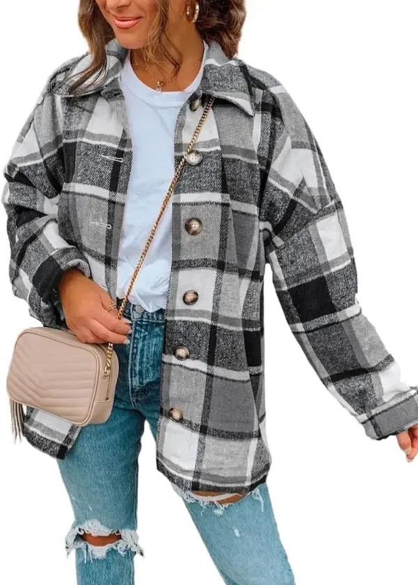 Women's 2023 Fall Clothes Plaid Shacket Jacket Long Sleeve Button Down Flannel Shirts Fashion Blouse