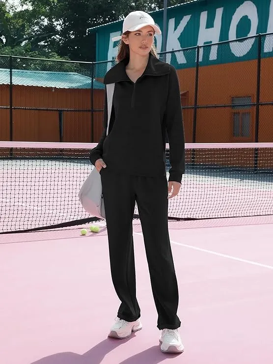 Women's Casual Set 2025 Collection Half-Zip Sweatshirt and Wide-Leg Pants