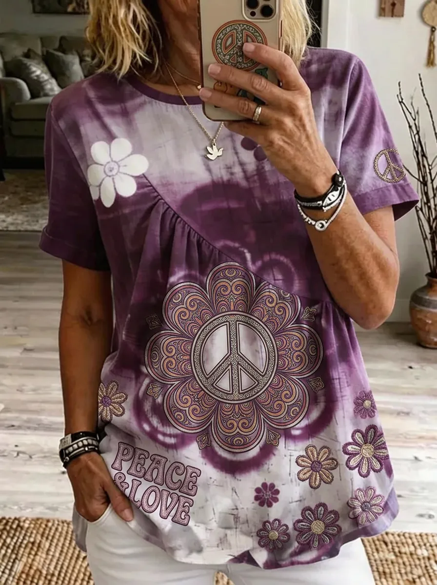 Women's Nashville Peace Love Mandala Tie-Dye Printed T-shirt