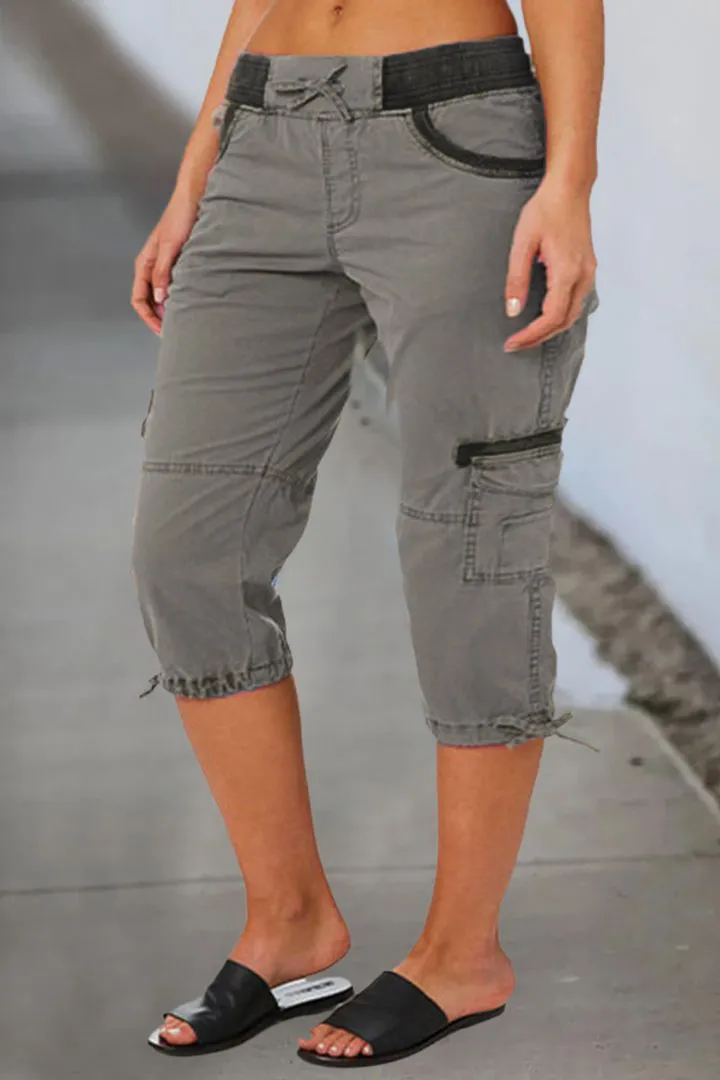 Drawstring Waist Flap Pocket Design Capris Pants