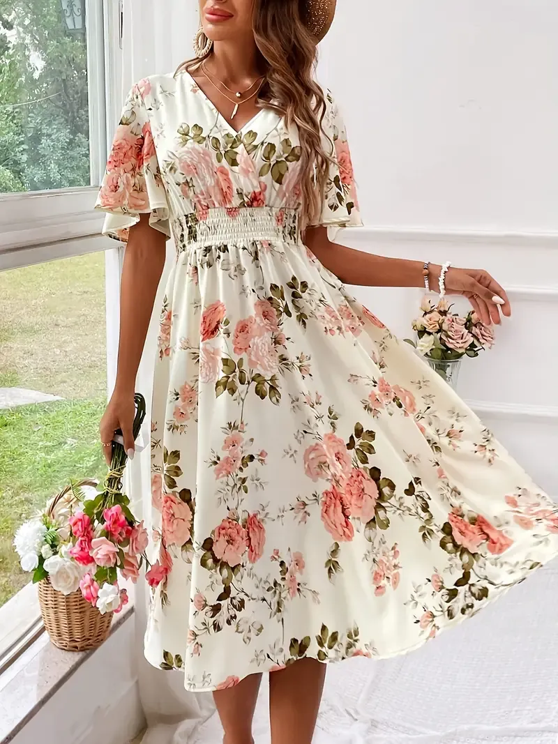 Women'S Plus Size Floral V-Neck Pencil Dress, Elegant Summer Woven Fabric with Shirred Waist Detail, 100% Polyester, Non-Stretch, 110 g/m² - Fashionable Floral Pattern