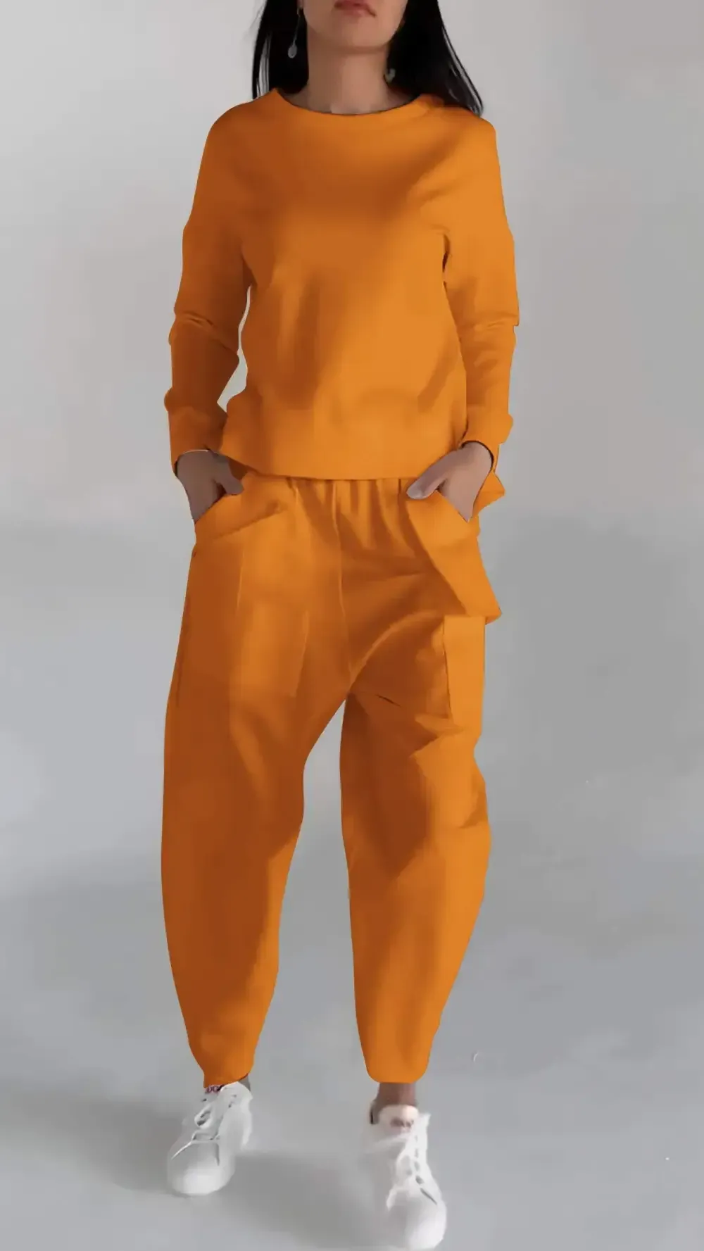 Women Fashion Casual Round Neck Long Sleeve Two Piece Suit