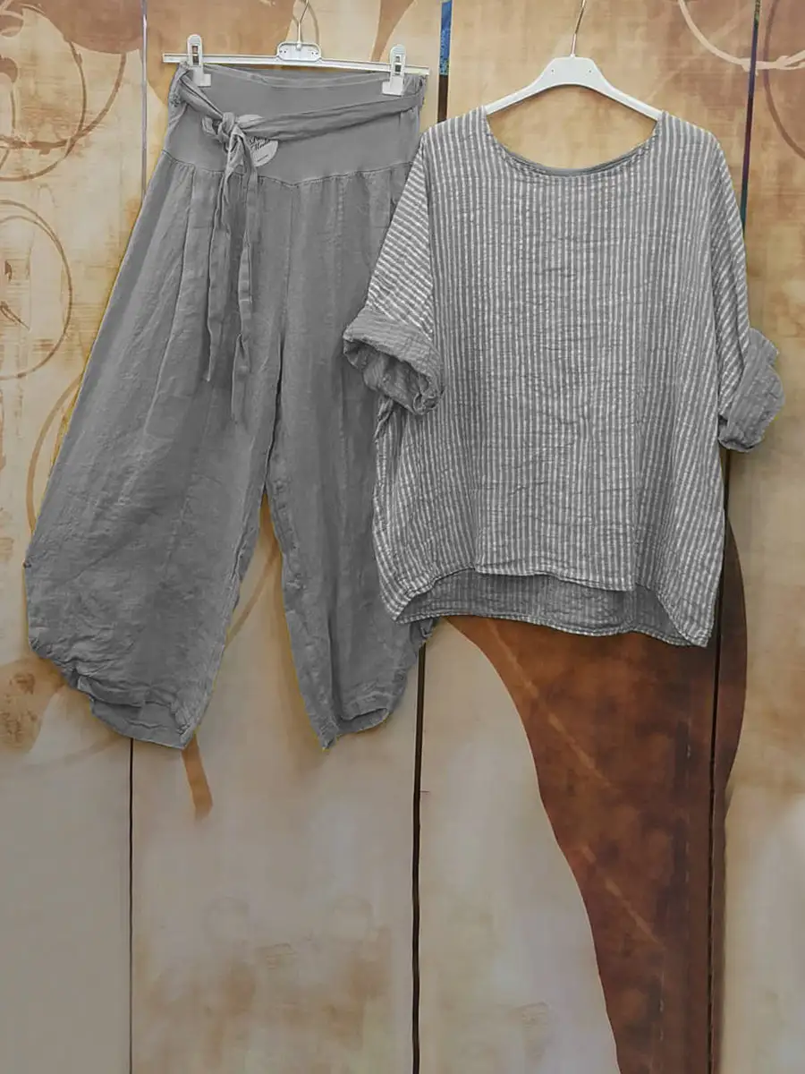 Round Neck Stripe Half Sleeve Top And Pants Set