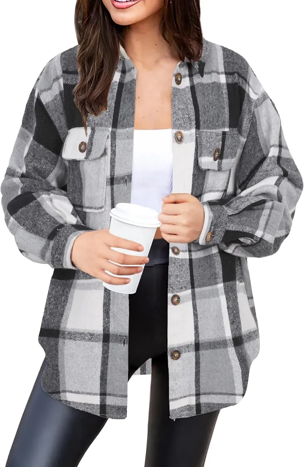 Women's Casual Plaid Flannel Shacket Jacket Oversized Button Down Long Sleeve Fall Shirts Jacket Lapel Coats Tops