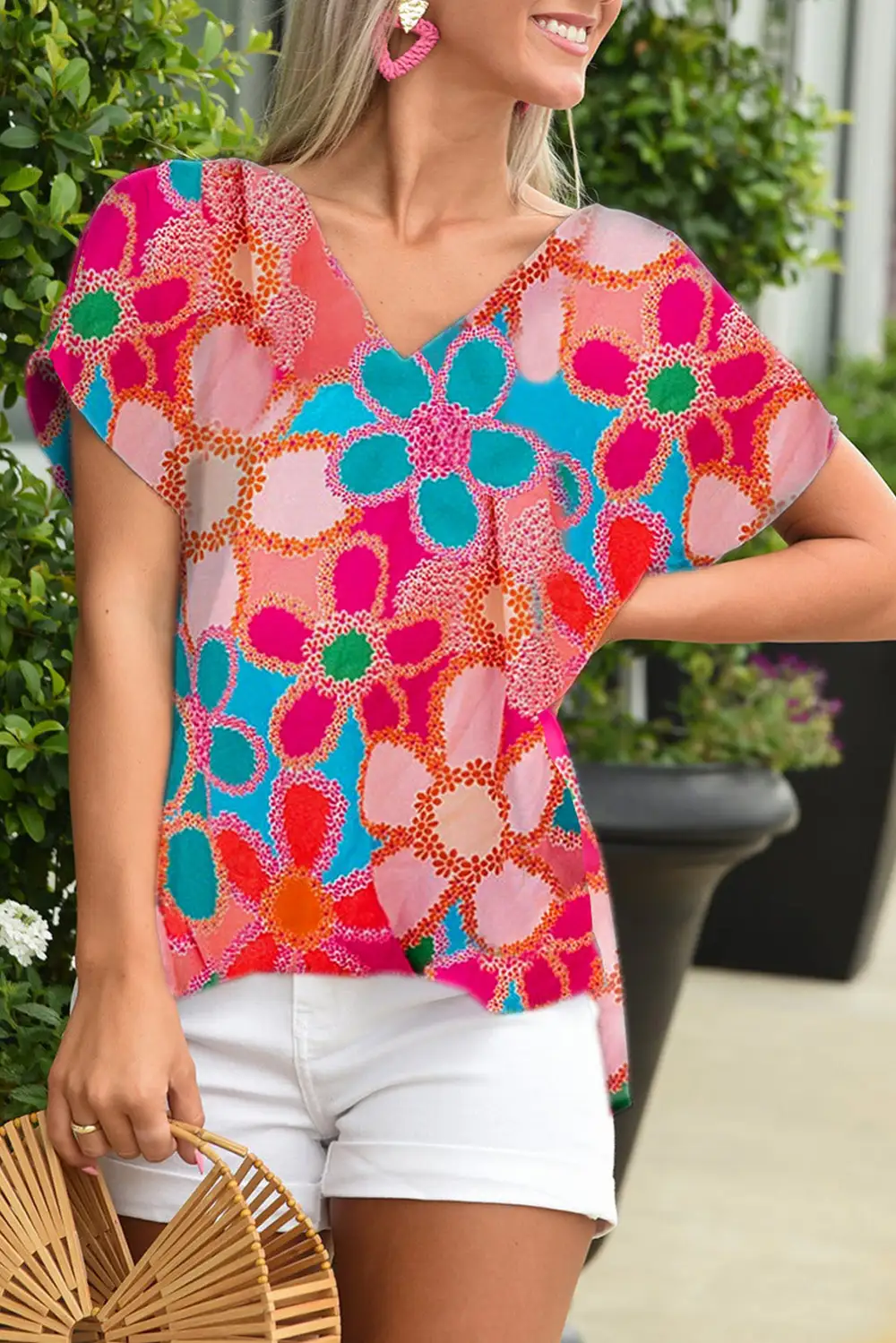Abstract Print V-Neck Dolman Sleeve Blouse