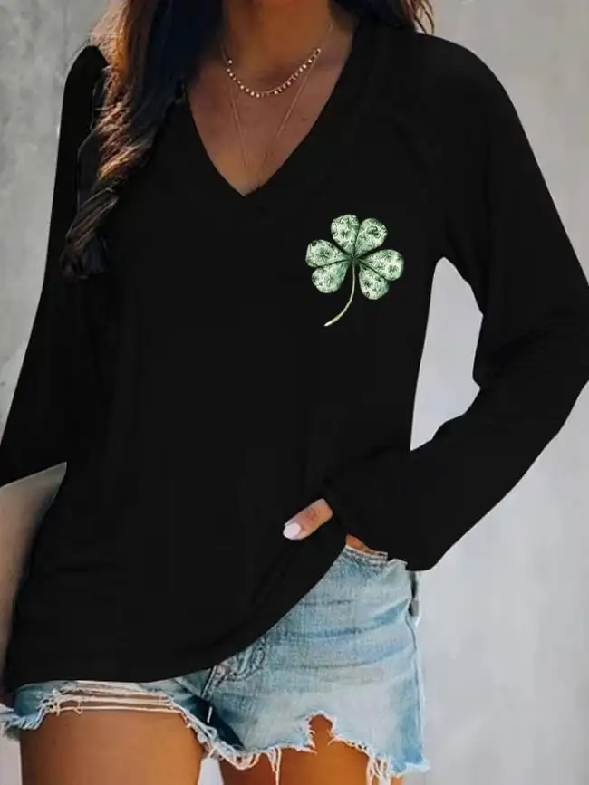 Women's St. Patrick's Day You Had Me At Day Drinking Print V-Neck Long Sleeve T-Shirt