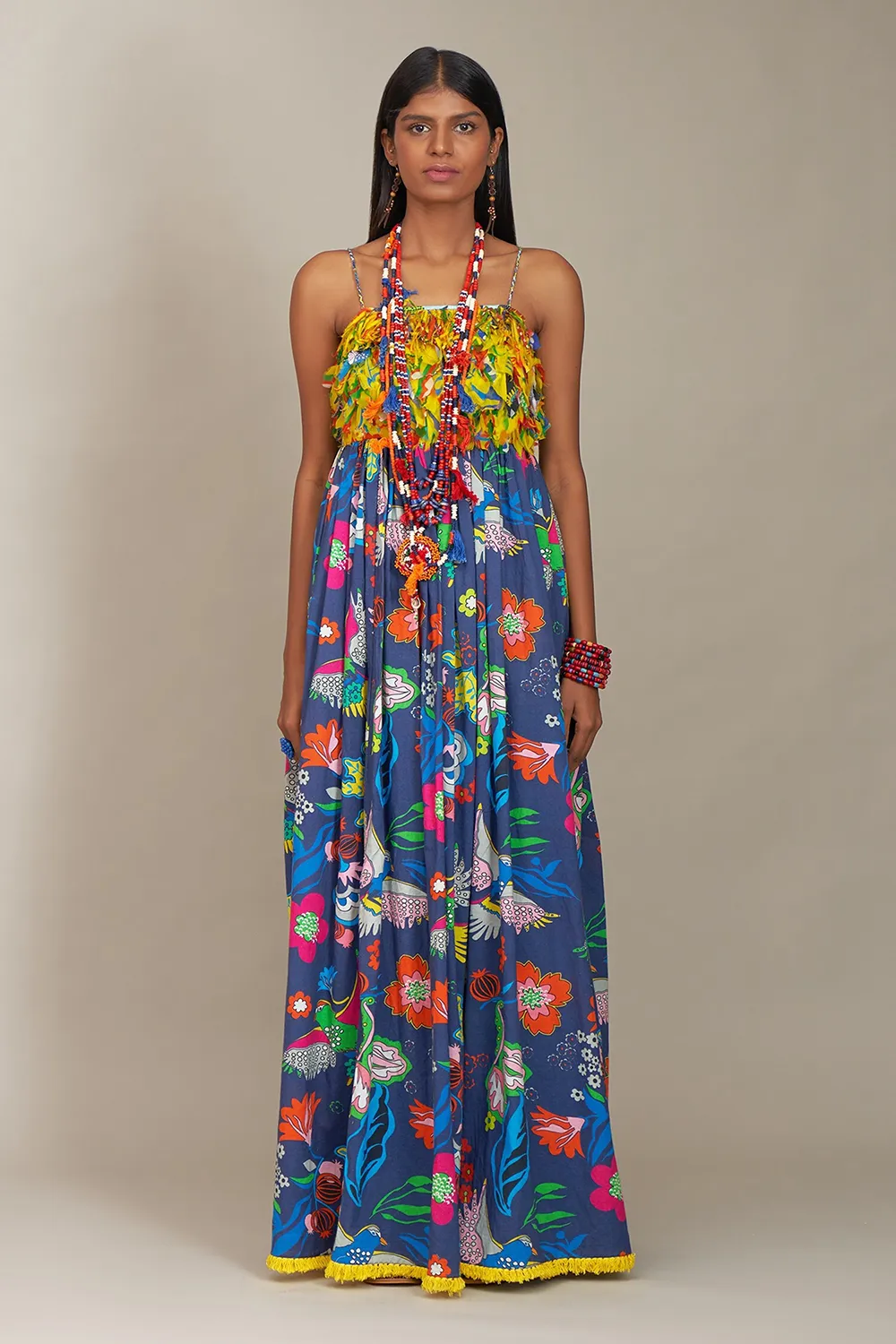 Blue cotton print floral square-neck spaghetti dress