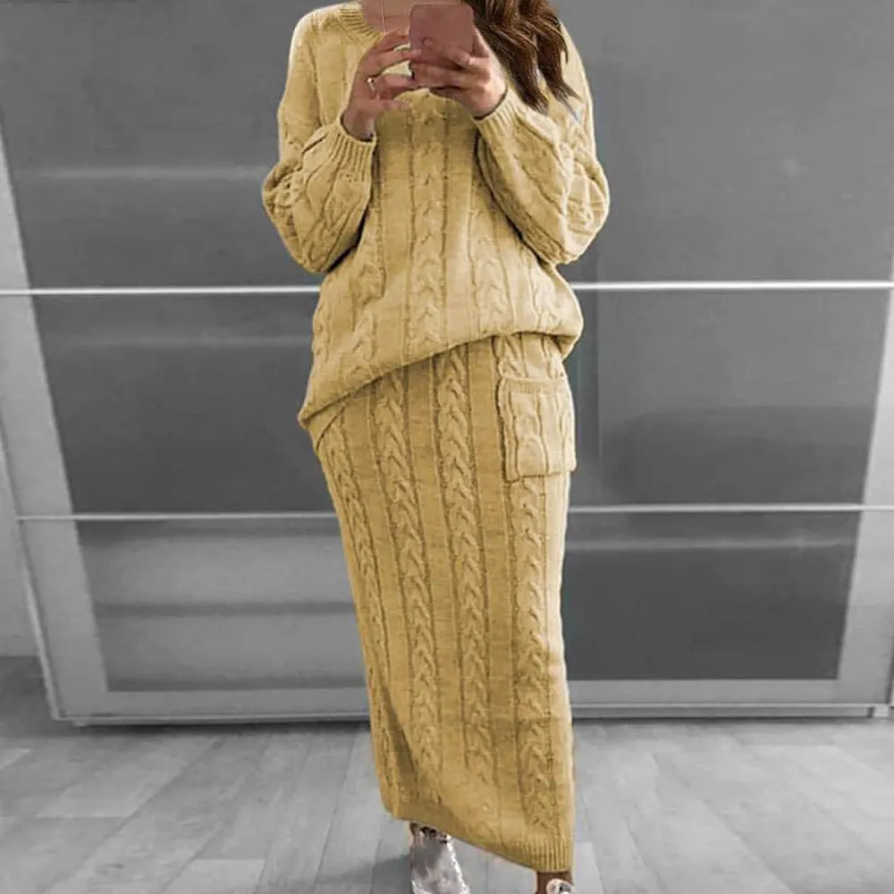 Women 2 Piece Outfits Knitted Sweater Tops and Long Skirt Turtleneck Long Sleeve Bodycon Dress Set Chunky Cable Knit