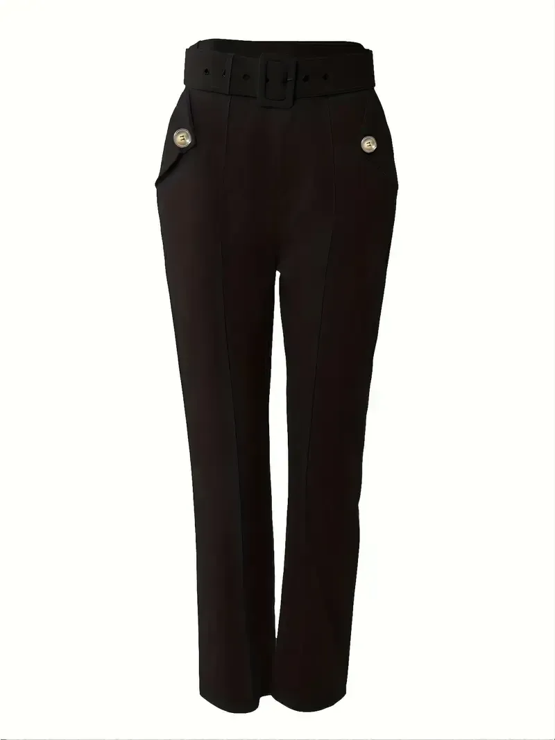 Skinny Leggings Pants - Solid Belted, Slant Pocket Button, Casual Every Day - Women's Clothing
