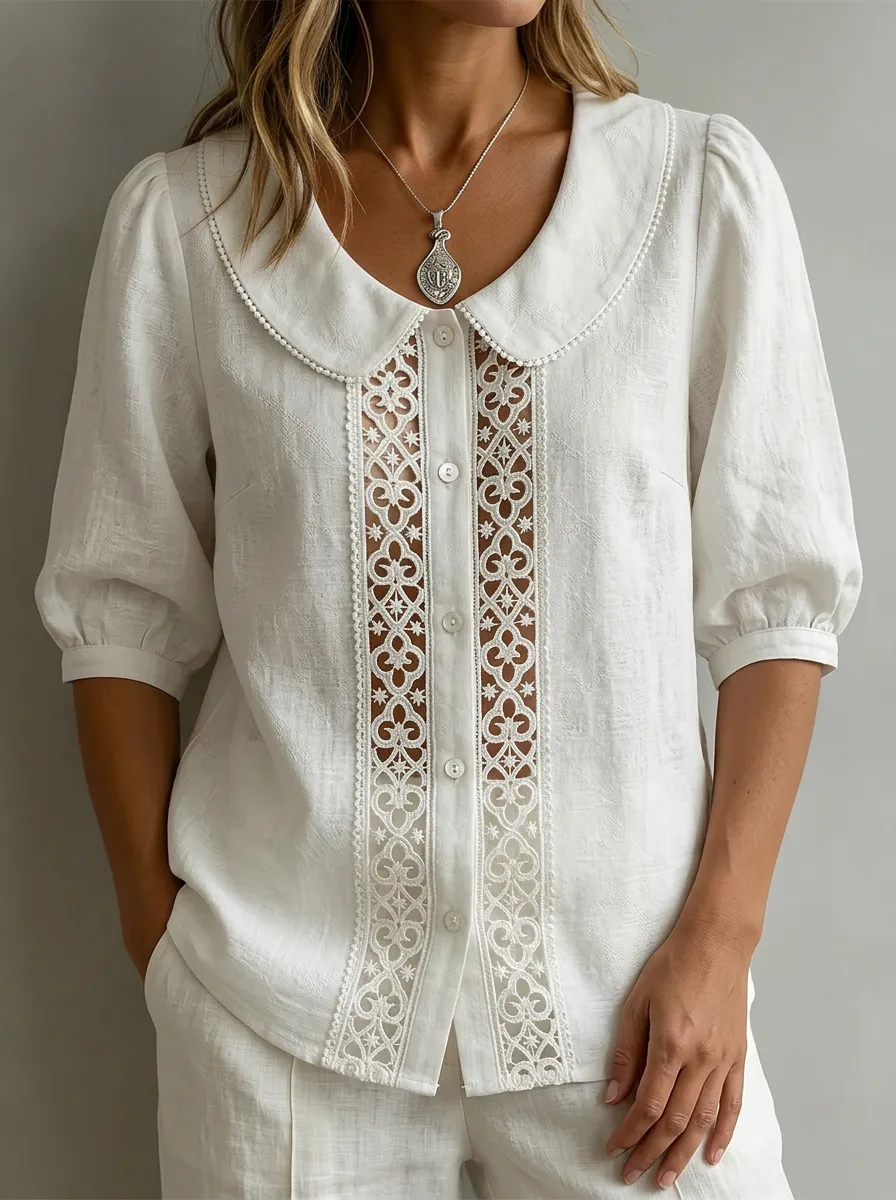 Women's Nashville Country Style Lace Trimmed Button-up Shirt