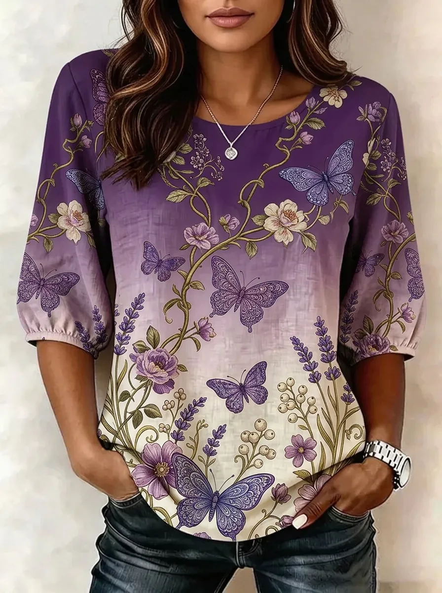 Women's Nashville Butterfly Floral Printed Puff Sleeve Top