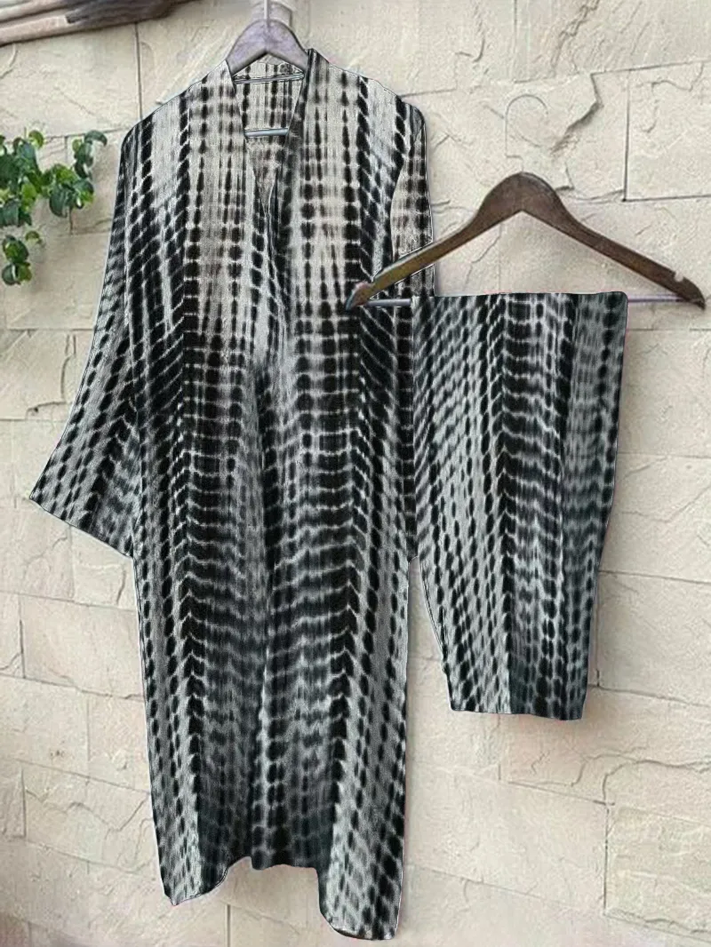 Women's tie dyed cotton and linen pants set, two-piece set 03