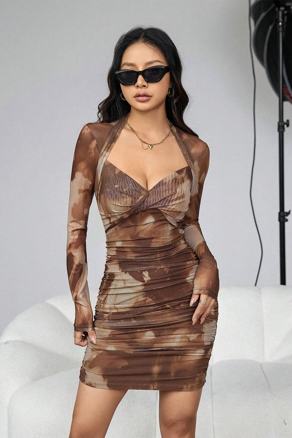 Random Printed Mesh Long Sleeve Dress