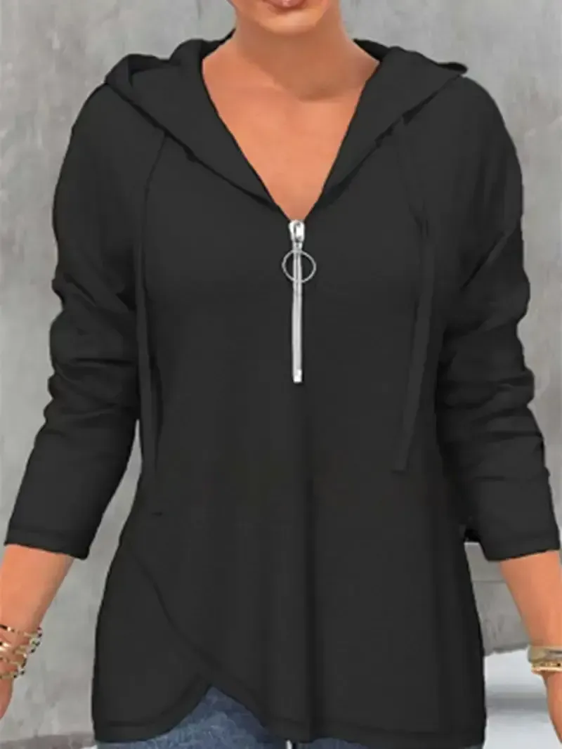 Women's Long Sleeve V-neck Hooded Zipper Tops