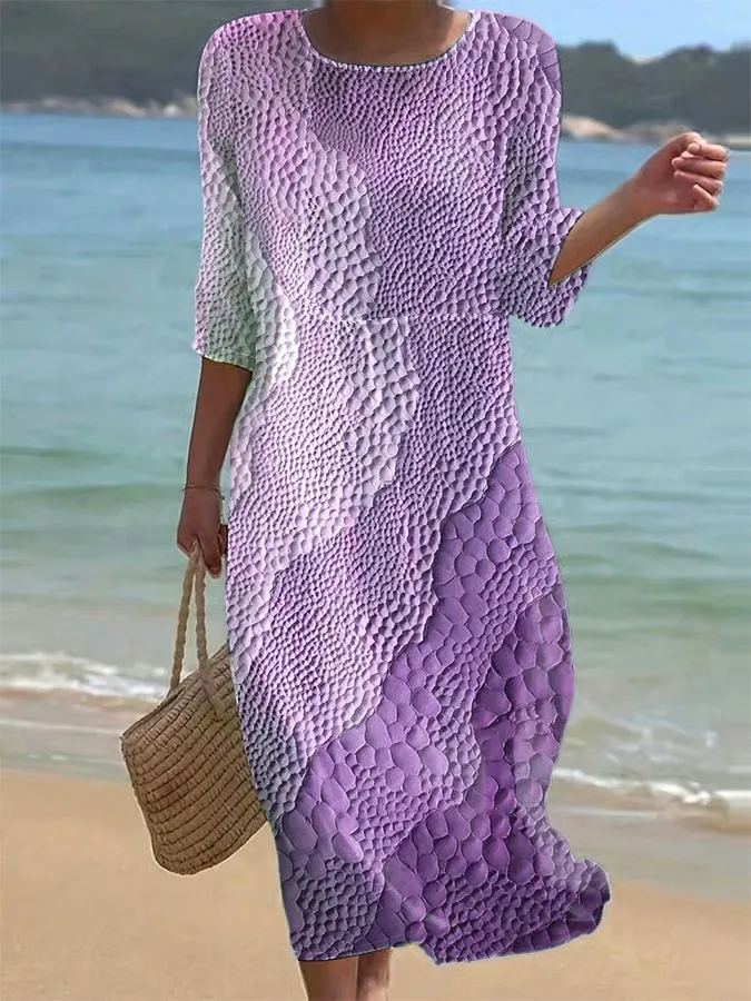 Women's Casual Round Neck Mid Sleeve Print Cotton and Linen Dress