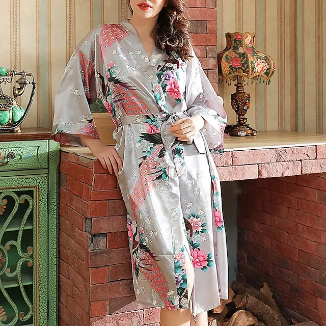 Women's Robes Gown Bathrobes Pure Color Simple Comfort Home Party Wedding Party Spandex Gift Long Sleeve Belt Included Spring Summer Navy Blue
