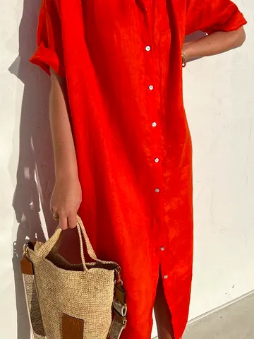 Loose Shirt Collar Casual Cotton Dress