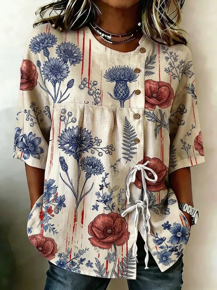 Women's Nashville Floral Botanical Printed Button-Down Top