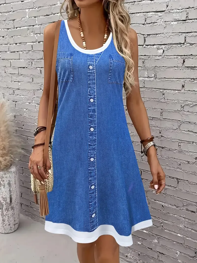 Women's Casual Denim Print Sleeveless Dress, Polyester & Spandex Blend, Crew Neck, Color Block Design, Knit Fabric, 180-1.0g/m², with Button Pockets for All-Season