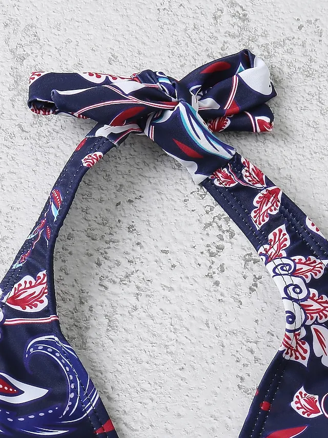 Women's Swimwear Bikini 2 Piece Normal Swimsuit Halter 2 Piece Open Back Sexy Floral White Blue Dusty Blue Green Halter V Wire Bathing Suits Sexy Vacation Beach Wear