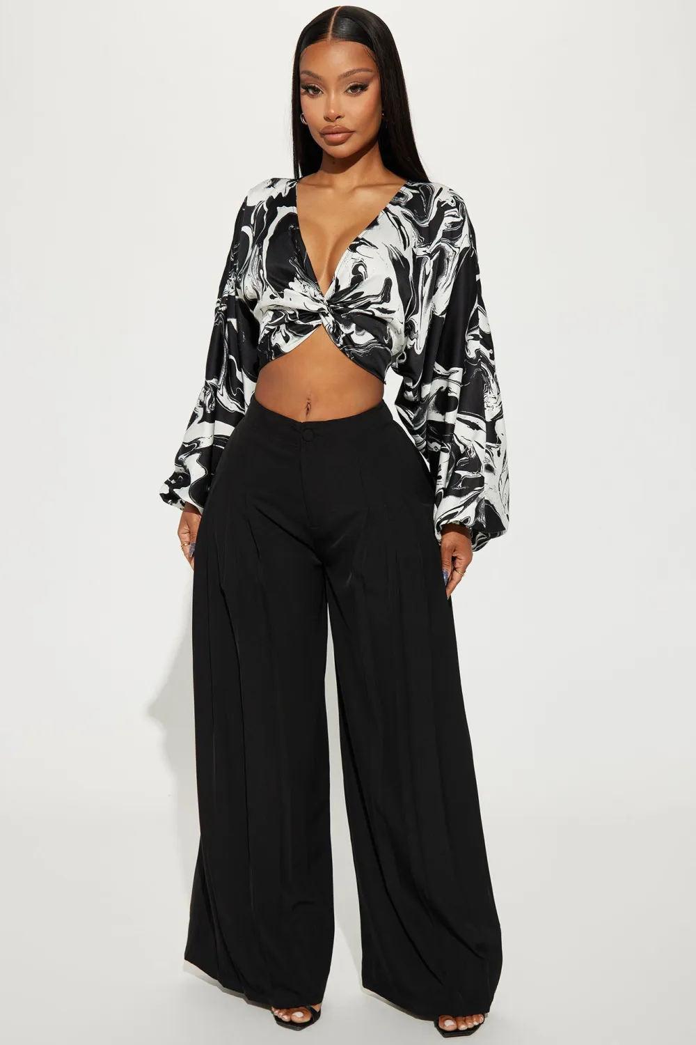 Through The Smoke Satin Blouse Top - Black/White