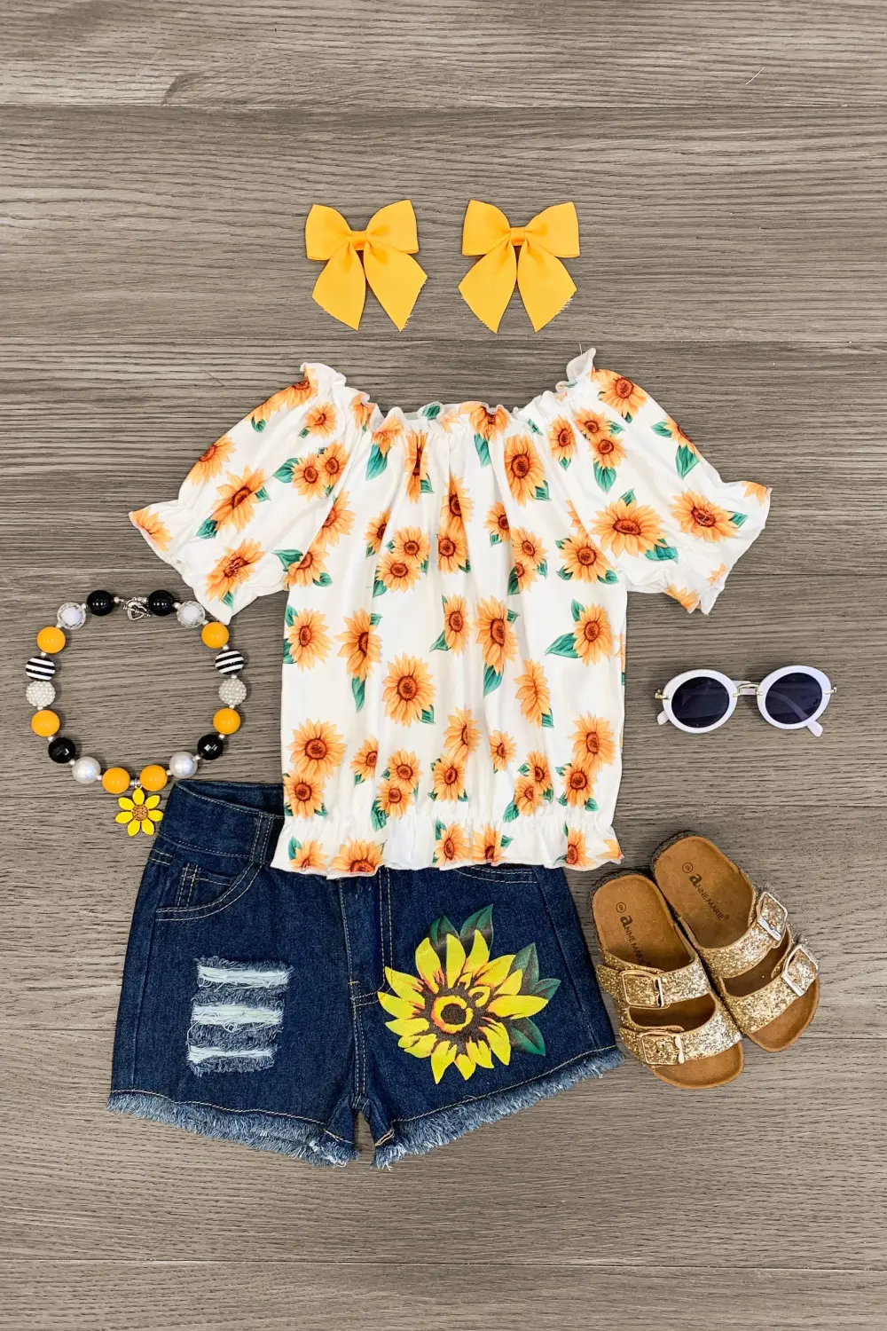 White Sunflower Distressed Denim Short Set