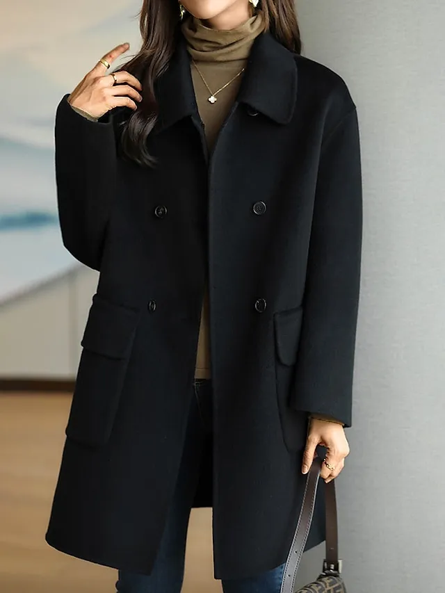 Women's Coat Fall Winter Long Pea Coat Windproof Wool Blend Coat with Pockets Maillard Warm Modern Style Casual Trendy Jacket Long Sleeve Plain Black Red Camel