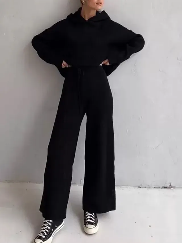 Women's Fashion Streetwear Daily Hoodie Sweatpants Long Sleeve Crew Neck Plain Drawstring Casual Daily Black White Blue Fall Regular Fit