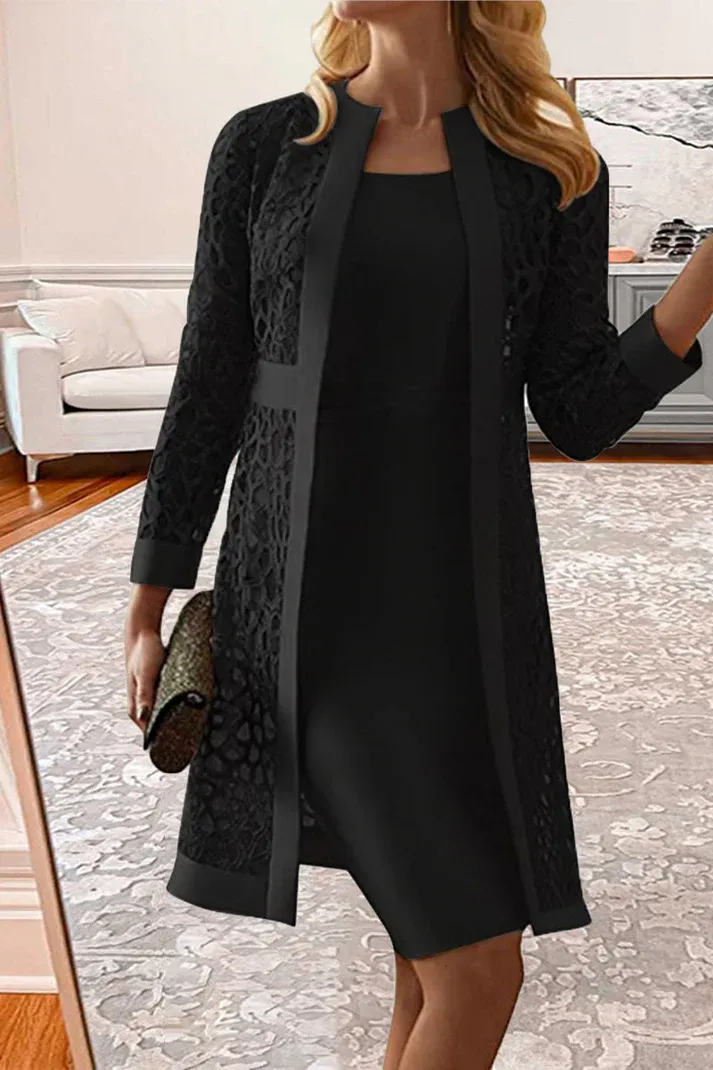 Spring Wedding Guest Dress Women's Solid Color Casual Lace Cardigan Dress Two Piece Sets