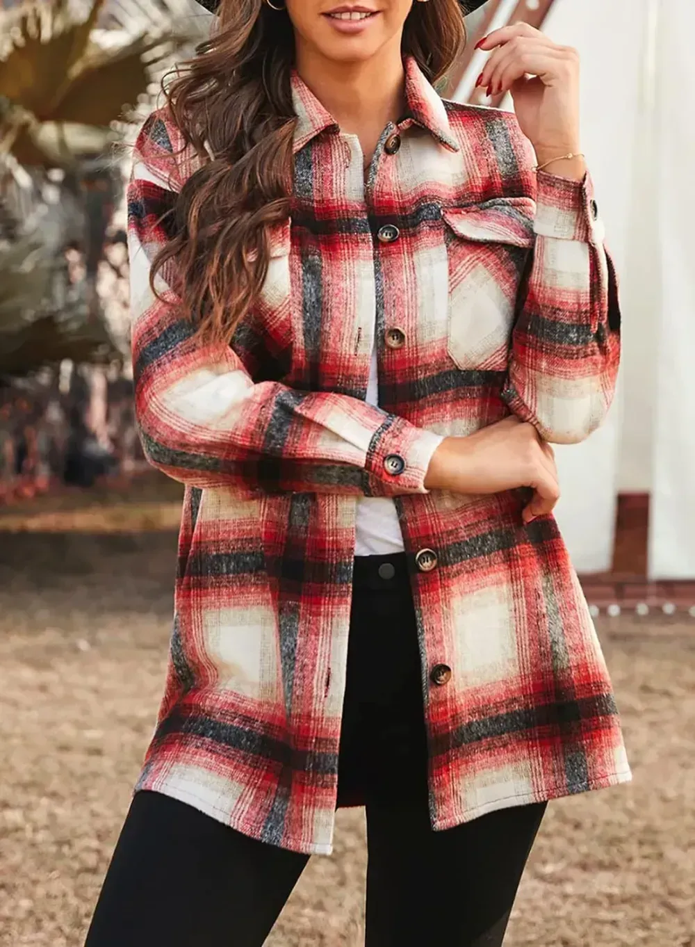 Women's 2023 Fall Clothes Plaid Shacket Jacket Long Sleeve Button Down Flannel Shirts Fashion Blouse