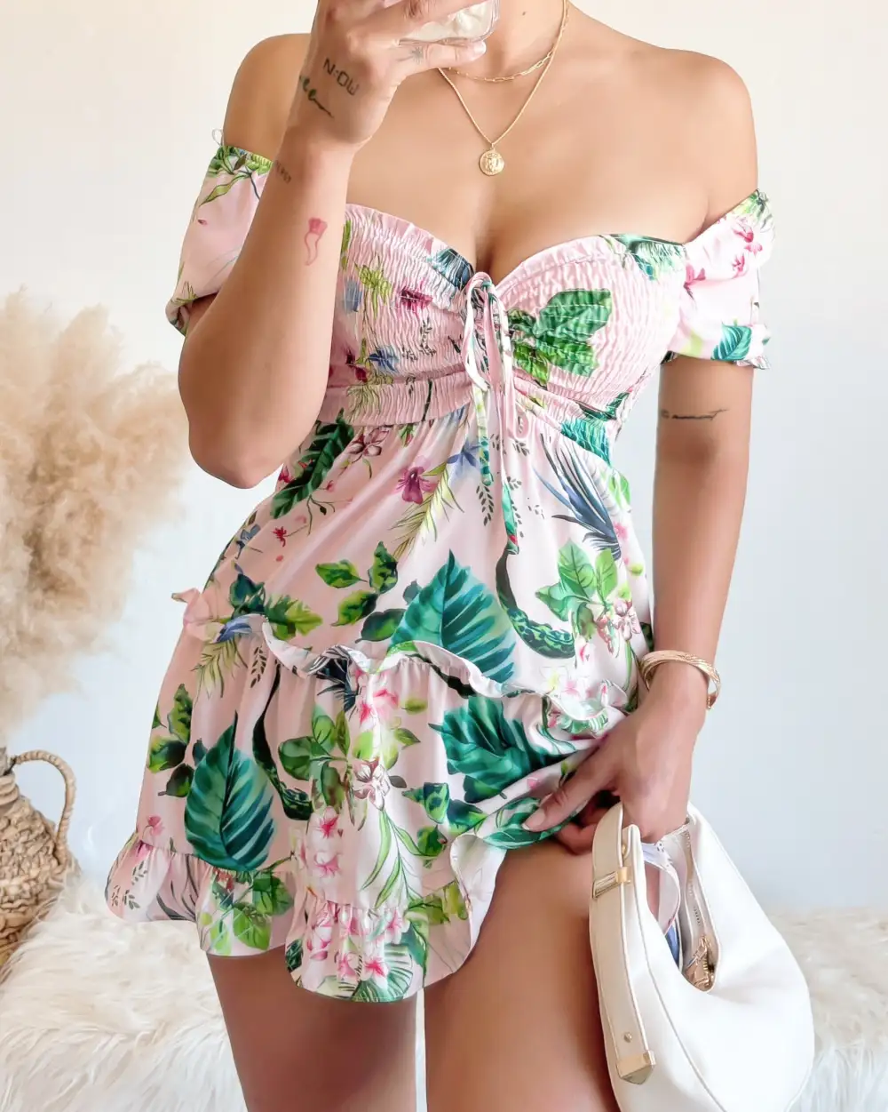 TROPICAL PARADISE OFF SHOULDER DRESS